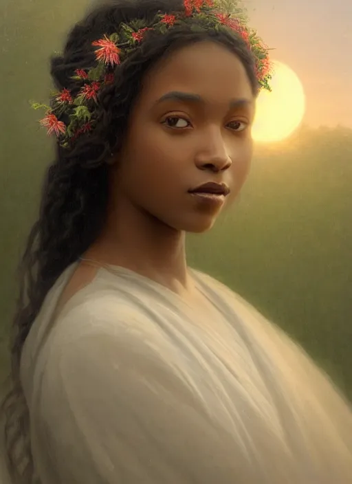 Image similar to oil painting close up portrait of a serene young black woman with long dark flowing hair in a white dress, wearing a crown of wildflowers!! at sunset, hazy, digital art, chiaroscuro, artstation, cinematic, golden hour, digital art painting by greg rutkowski, william - adolphe bouguereau, hazy atmosphere, cinematic lighting