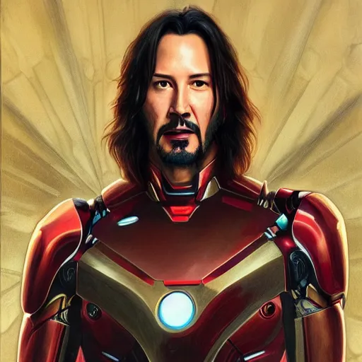 Image similar to Portrait of Keanu Reeves in the Ironman suit, elegant, digital painting, highly detailed, fantasy, artstation, concept art, smooth, sharp focus, illustration, art by artgerm and greg rutkowski and alphonse mucha