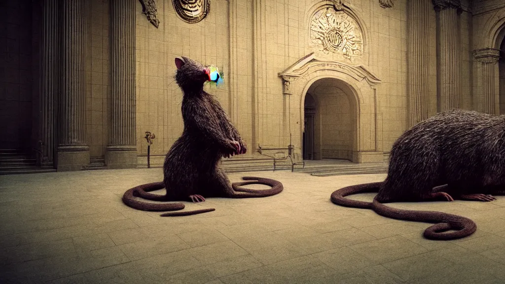 Image similar to the giant rat in city hall, made of wax and water, film still from the movie directed by Denis Villeneuve with art direction by Zdzisław Beksiński, wide lens