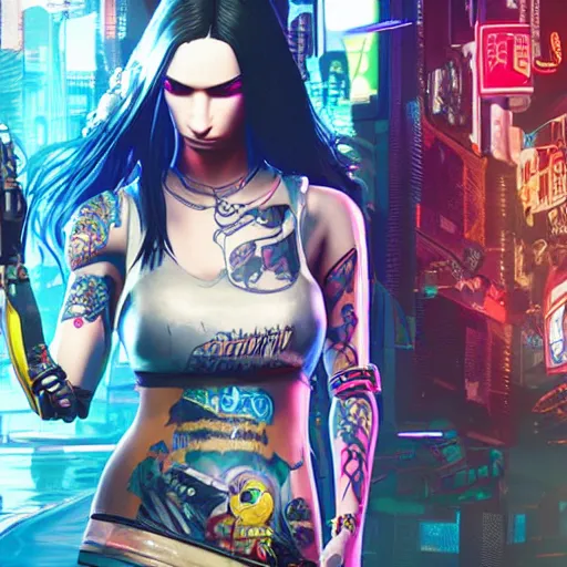 Prompt: Robot girl with long hair and tattoo style game CYBERPUNK 2077 , a very beautiful portrait, style DEUS EX: MANKIND DIVIDED, girl entwined with flowers, photorealism