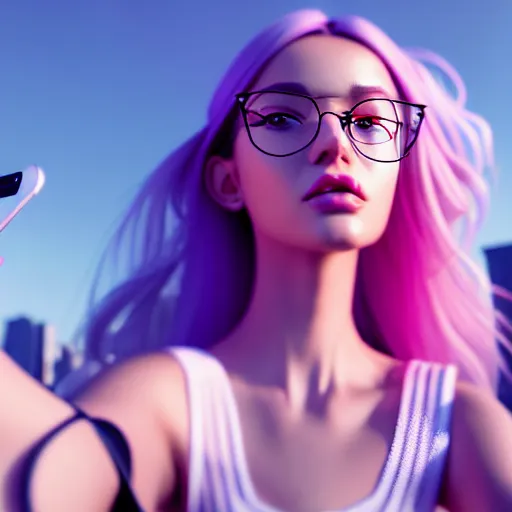 Image similar to selfie of a young woman, winged eyeliner, pastel clothing, urban environment, depth of field, octane render, photorealistic, trending on artstation