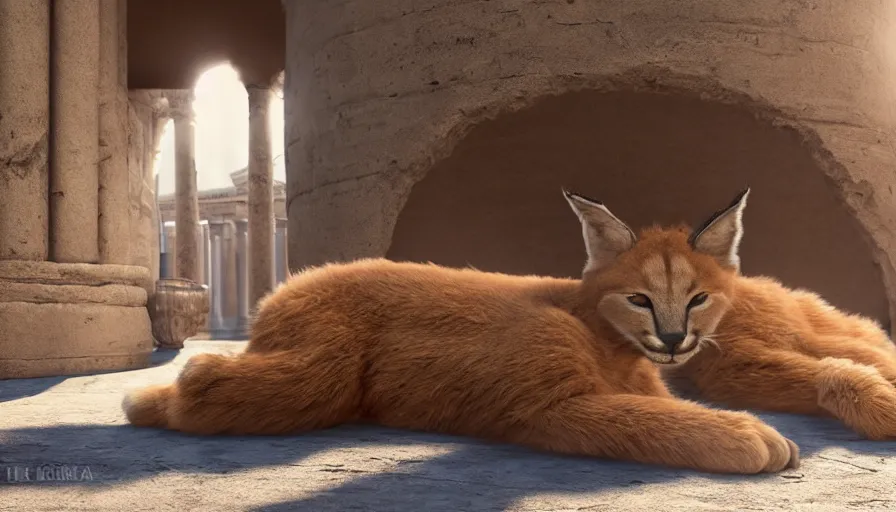 Prompt: longshot photo of cute fluffy caracal lying in wooden barrel lying on one side, ancient greek city, marble columns, sunny day, by ilya kuvshinov, rtx rendering, octane render 1 2 8 k, maya, extreme high intricate details by tom bagshaw, medium shot, close up shot, composition by sana takeda, lighting by greg rutkowski