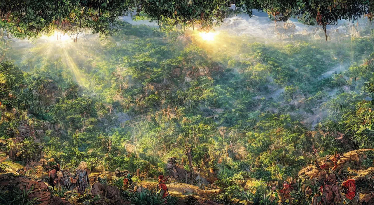 Image similar to zouk fabric wall fortress countryside jungle dirt a spectacular view cinematic rays of sunlight comic book illustration, by john kirby