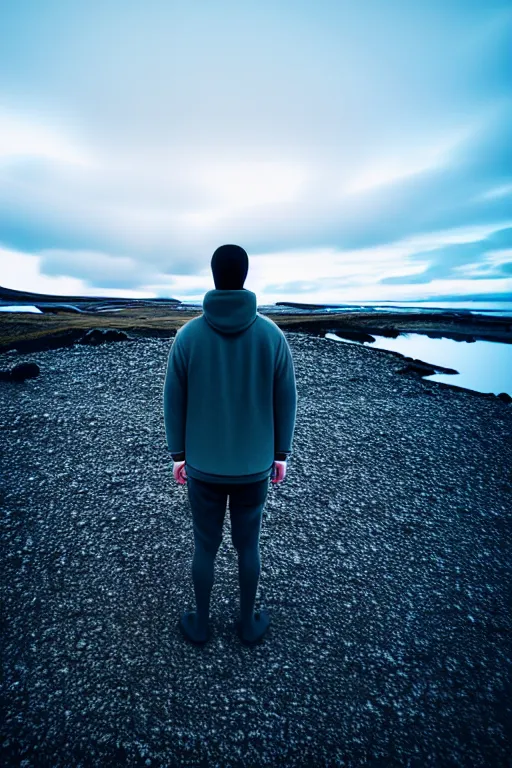 Image similar to high quality pastel coloured film wide angle selfie photograph of a plain looking cute looking male with cyber enhancement standing in an icelandic black rock environment. sarcastic expression. three point light. photographic. art directed. pastel colours. volumetric light. stark. waves. 8 k. filmic.