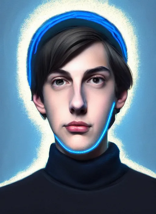 Image similar to portrait of teenage jughead jones wearing a light grey crown, crown, blue turtleneck, closed eyes, photorealistic, black hair, glowing lighting, intricate, elegant, glowing lights, highly detailed, digital painting, artstation, concept art, smooth, sharp focus, illustration, art by wlop, mars ravelo and greg rutkowski