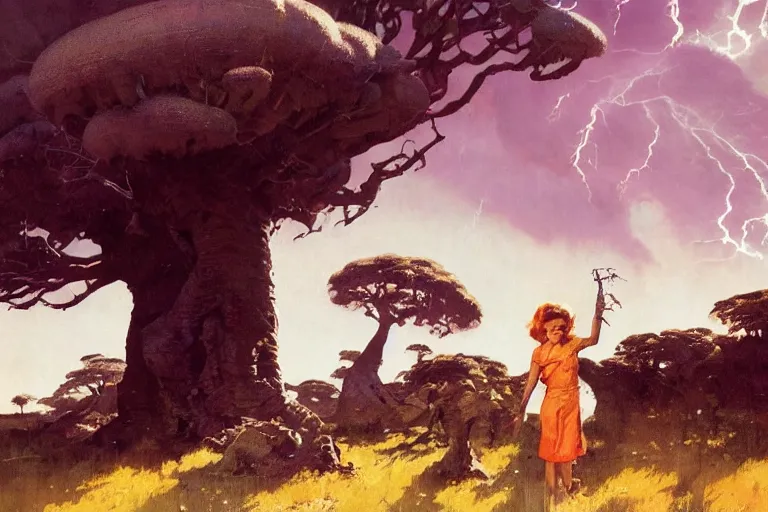 Image similar to 5 0 s pulp scifi illustration, space girl beside baobab tree in english countryside, storm on horizon, by wadim kashin, norman rockwell, morgan weistling, earle bergey, craig mullins, ruan jia, chris foss, tyler edlin