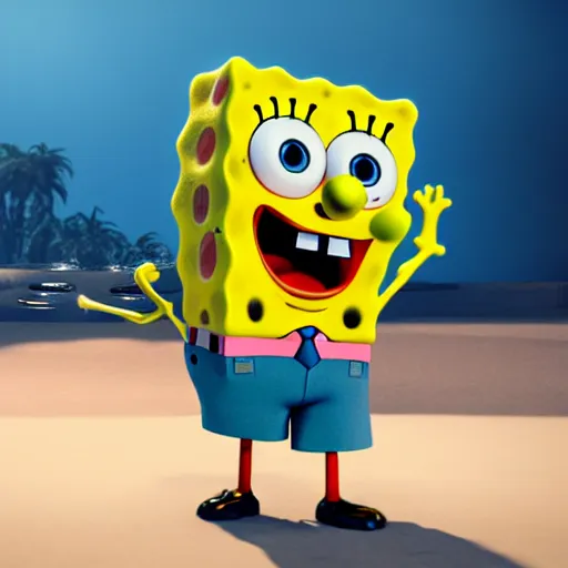 Prompt: SpongeBob in the role of Keanu Reevez. Octane render, 4k, 8k, unreal 5, very detailed, hyper realism, trending on artstation.