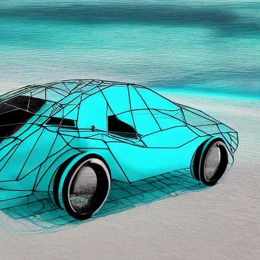 Prompt: turquoise water covers a transparent car wireframe, digital art