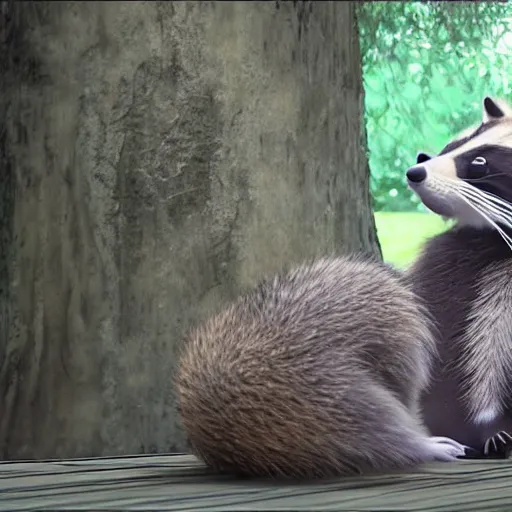 Image similar to youtube video of a raccoon watching a youtube video of a racoon watching a youtube video of a tanuki, in the style of hiroya oku and chris cunningham, inspired by ilya kushinov, photorealistic, epic, super technical, 3 d render, 8 k