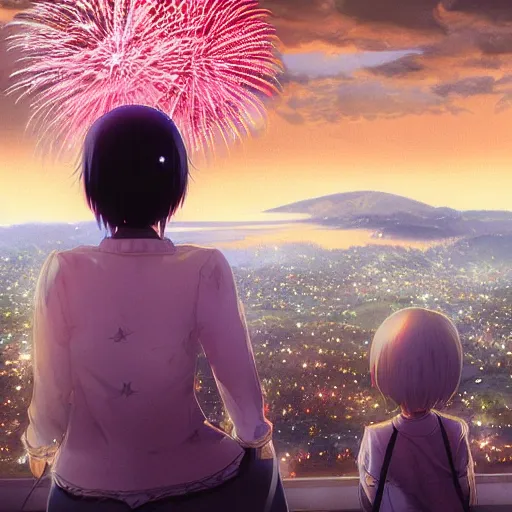 Image similar to girl watching watching fireworks on a hill, digital art, by range murata, akiyuki shinbou, yoshitaka amano highly detailed, realistic, cinematic, bold colours, photorealism, 4 k, wide angle lens