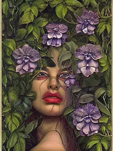 Image similar to The Hanging-Gardens of Pareidolia, lobelia, ivy, verbena and pothos growing facial features and optical-illusions, aesthetic!!!!!!!!!!, by Gerald Brom in the style of Johfra Bosschart in the style of,