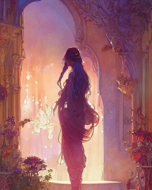 Image similar to secret romance, highly detailed,, gold filigree, romantic storybook fantasy, soft cinematic lighting, award, disney concept art watercolor illustration by mandy jurgens and alphonse mucha and alena aenami, pastel color palette, featured on artstation