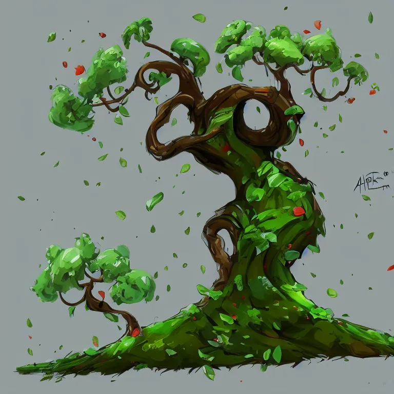 Image similar to cartoon tree with a twisted trunk and green leaves, white background, concept, concept art by senior environment artist, artstation, 2 d game art, concept art, speedpainting