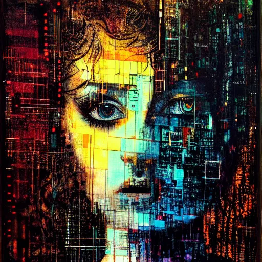 Prompt: portrait of a youthful beautiful women, mysterious, glitch effects over the eyes, sorrow, crying, by Guy Denning, by Johannes Itten, by Russ Mills, centered, innocent, hacking effects, bright, neon lights, chromatic, cyberpunk, light, colour blocking, close up, acrylic on canvas, abstract