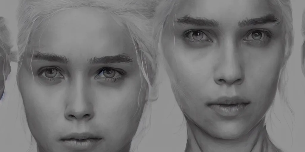 Image similar to daenerys targaryen, face study, character sheet, concept design, contrast, kim jung gi, greg rutkowski, zabrocki, karlkka, jayison devadas, trending on artstation, 8 k, ultra wide angle, pincushion lens effect