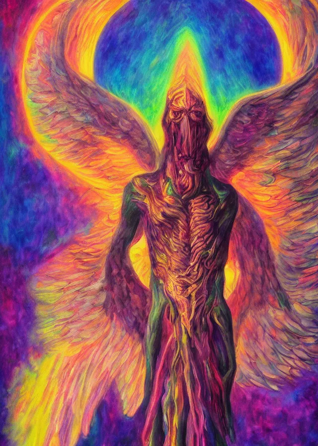 Image similar to Lucifer of the lunar mythos mercurial (surreal) fallen angel mist fear not, award winning oil painting, chromatic aberration polychromatic color palette radiant colors