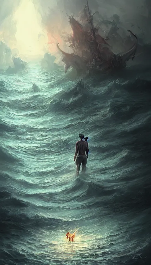 Image similar to man on boat crossing a body of water in hell with creatures in the water, sea of souls, by ross tran