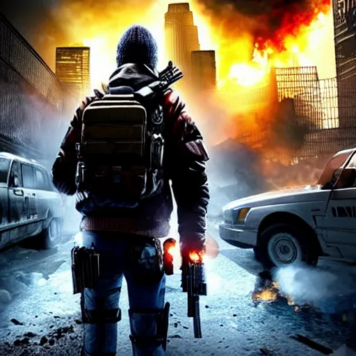 Image similar to the division poster set in an apocalyptic los angeles, agent standing with a gun in the foreground, cinematic, 4 k