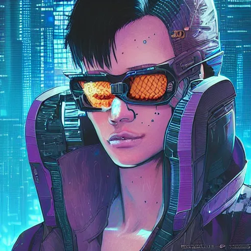 Image similar to a gorgeous cyberpunk hacker, centered in the frame, cyberpunk concept art by Jean Giraud and josan gonzales, digital art, highly detailed, intricate, sci-fi, sharp focus, Trending on Artstation HQ, deviantart, 4K UHD image