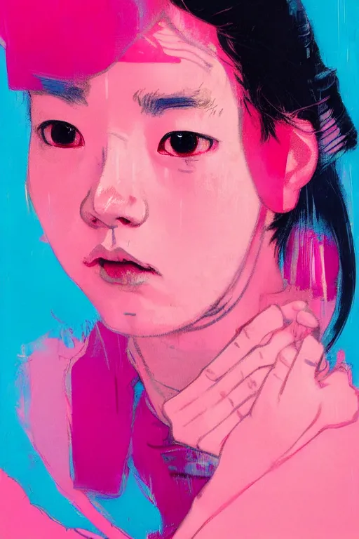 Image similar to portrait of a stylized japanese young in love, painted in acrylic, pigment textures, in the colors hot pink and cyan, beautiful realistic face, rule of thirds, spotlight, by greg rutkowski, by jeremy mann, by francoise nielly, by van gogh, by ross tran, in focus