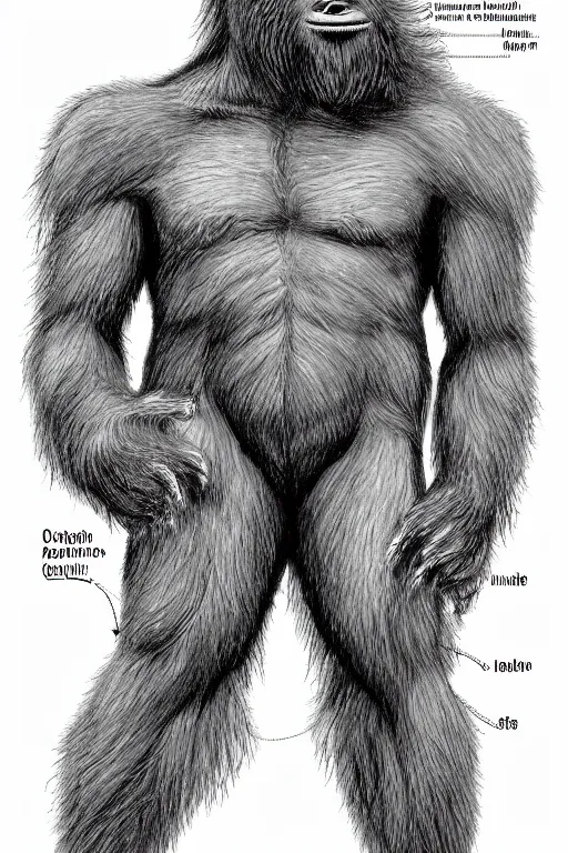 Image similar to anatomical encyclopedia illustration of sasquatch, photorealistic, diagram, intricate details