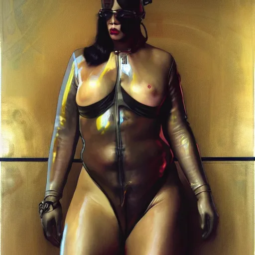 Image similar to cyberpunk fat oprah winfrey head domme mistress, full body, dominatrix, tribal, smooth white tight clothes suit, ornate, very beautiful, concept art, realistic painting, androgynous, afrofuturism, daz 3 d, cinematic, cgsociety, digital art by greg rutkowski, by alphonse mucha,