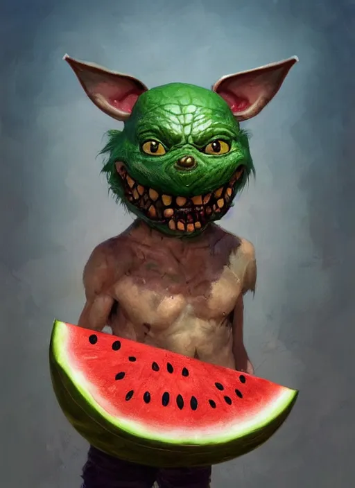 Image similar to hyper realistic photography portrait of smiling gremlin with a watermelon helmet cinematic, greg rutkowski, brom, james gurney, mignola, craig mullins, artstation, cgsociety