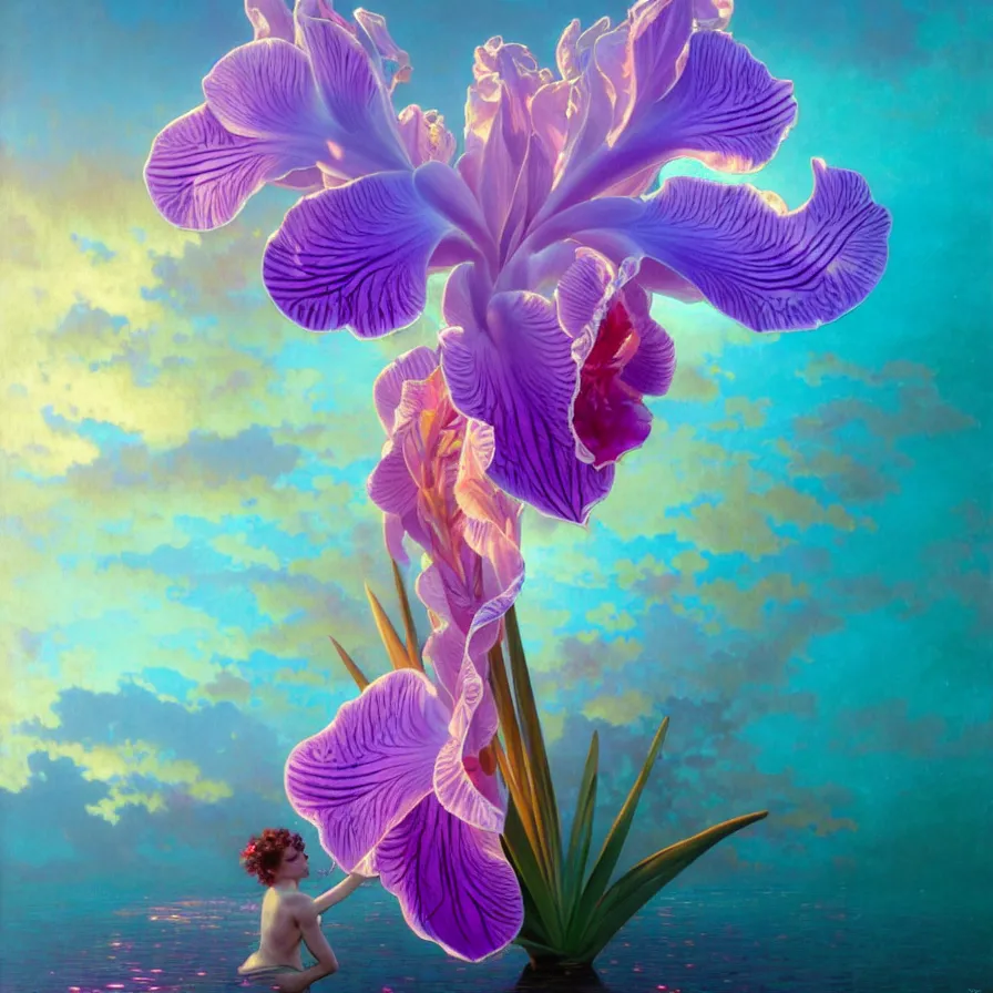 Image similar to detailed giant pastel holographic orchid iris hybrid flower surrounded by ocean waves, lsd water, lsd ripples, droplets, backlit, sunset, refracted lighting, art by collier, albert aublet, krenz cushart, artem demura, alphonse mucha