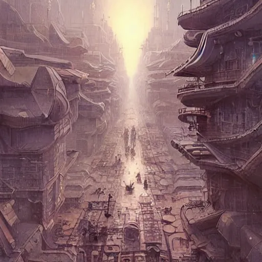 Image similar to It’s crowded streets of Russian panel houses quarters on the Moon city, Norilsk, sci-fi, fantasy, intricate, very very beautiful, elegant, highly detailed composition, digital painting, artstation, concept art, smooth, sharp focus, illustration, art by artgerm and greg rutkowski and alphonse mucha