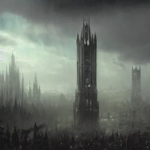 Prompt: an ultra detailed matte painting of a lonely and impossibly tall ominous gothic dark citadel tower of the evil patriarch, elevated high above the city, in a river elevated high above the city, fantasy capital city, ultrawide lense, aerial photography, scary thunderstorm, light fog, volumetric lighting, exquisite detail, 8 k, art by greg rutkowski and alphonse mucha