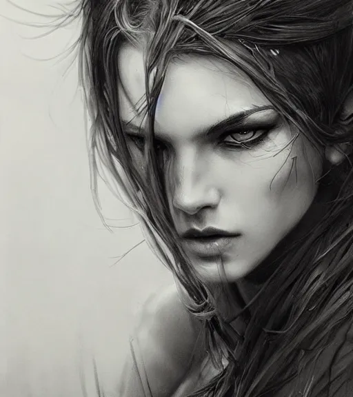 Image similar to johanson, beautiful piercing eyes, realistic face, black and white drawing, in the style of greg rutkowski, fantasy, amazing detail, epic, intricate, elegant, smooth, sharp focus