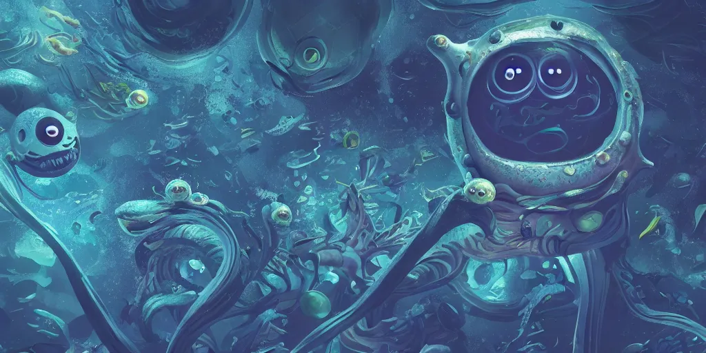 Image similar to of an intricate deep sea with strange cute friendly happy creatures with huge eyes, long tongue, round teeth and goofy funny face, appearing from the background, in the style of gehry and gaudi, macro lens, shallow depth of field, ultra detailed, digital painting, trending artstation, concept art, illustration, cinematic lighting, photorealism, epic, octane render