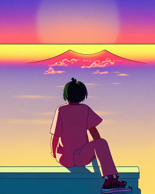 Image similar to detailed aesthetic vaporwave illustration of a girl sitting on the rooftop anime digital art award winning scenery cinematic scene sunset in japan by studio ghibli