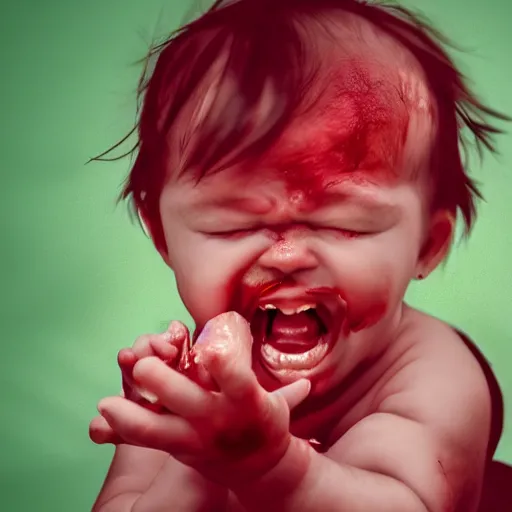 Image similar to a baby being ripped apart limb by limb, screaming in pain, red mist, hyper graphic