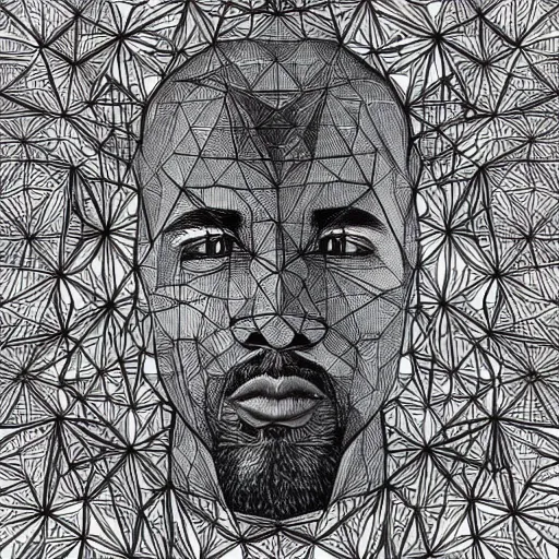 Image similar to Geometrically surreal Kanye, extremely high detail, photorealistic, intricate line drawings, dotart, album art in the style of James Jean