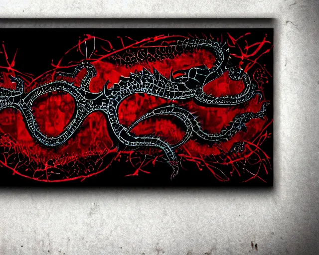 Image similar to 16k photorealistic image of a wall that has some lovecraftian graffiti on it inspired by wretched dragon rib cage. lovecraftian graffiti in red and black colors. the art is cursed and ecrusted with jewels. the grafiiti is inspired by cobwebs and venom.