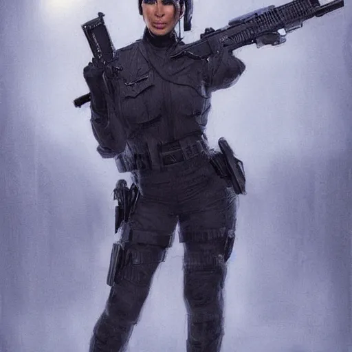 Image similar to kim kardashian as a cop, police uniform, full body view, full pov, haunted house interior, pretty, aesthetic, dust molecules, matte detailed photo, DeviantArt, Artstation, by donato giancola, ralph horley, loish, cinematic lighting