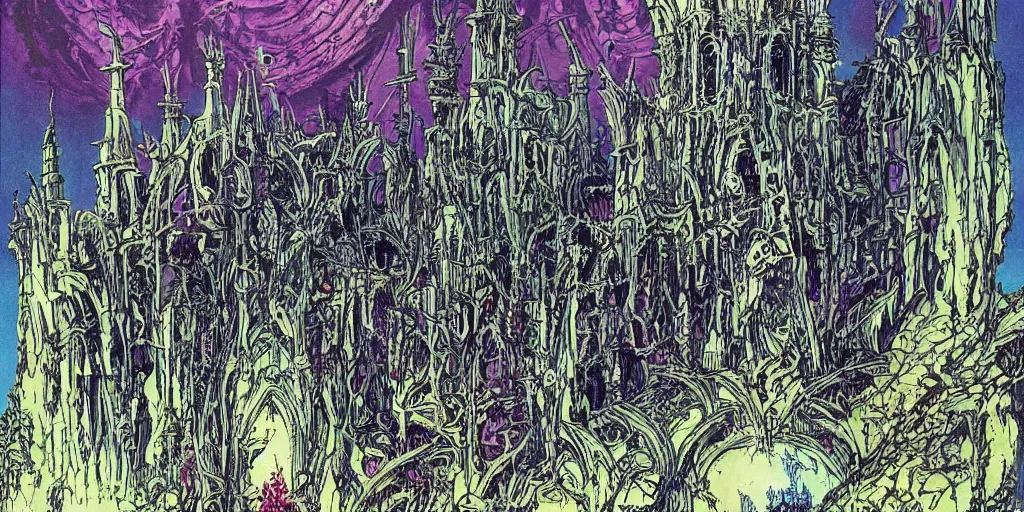 Image similar to scifi gothic castle bustling with orcs and elven mystics, by philippe druillet, psychedelic colors
