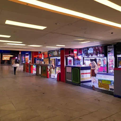 Prompt: an empty food court at a mall with a single arcade machine on the wall, vhs footage