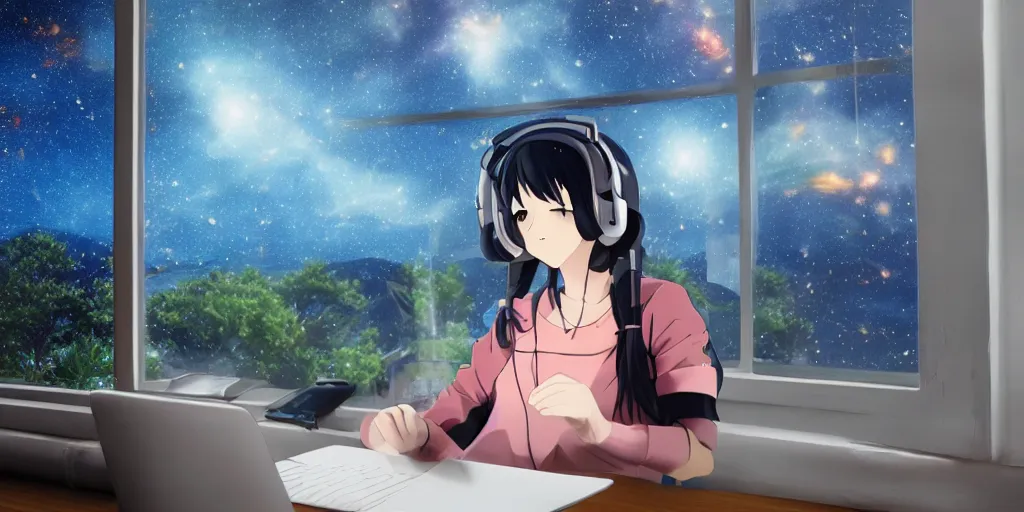 Prompt: anime lofi girl wearing headphones and studying in front of a window with an epic view of outer space