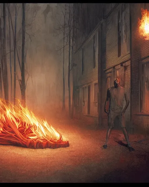 Prompt: concept illustration from the'0 0 s supernatural thriller'an open flame ', a high quality high detail digital matte painting by david mattingly and samuel araya and tim jacobus and michael whelan, hd 4 k 8 k, realistic details, photorealistic lighting, modern horror aesthetic, composition and scene layout inspired by gregory crewdson and brendon burton.