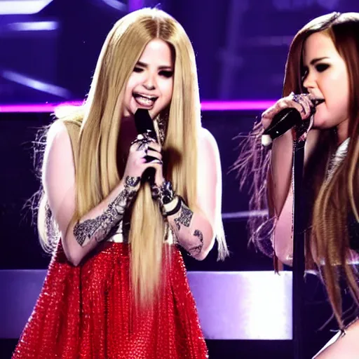 Image similar to Avril Lavigne and Demi Lovato preforming live on stage at the Grammys, high quality, HD, 4k, 8k