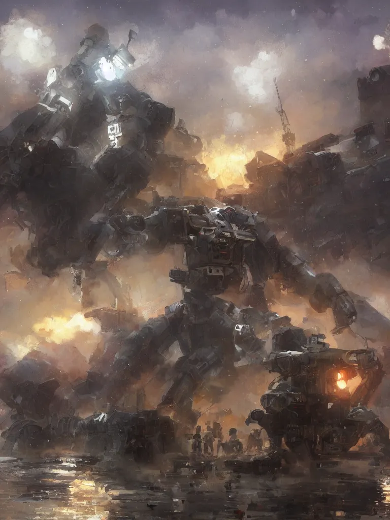 Image similar to russian revolution 1 9 1 0, a russian mecha,, evening, after the storm, drama, by rozalski and craig mullins and kenton nelson, artstation