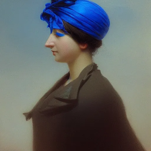 Prompt: a woman’s face wearing a blue silk blindfold, by ivan aivazovsky and alma tadema and remrandt and willen claesz heda, rendered in octane