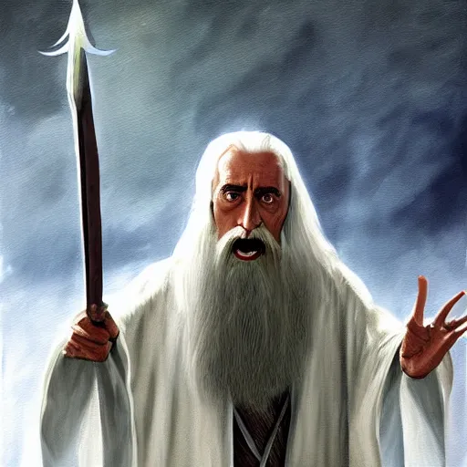 Prompt: Saruman yelling about the lack of toilet paper | fantasy painting