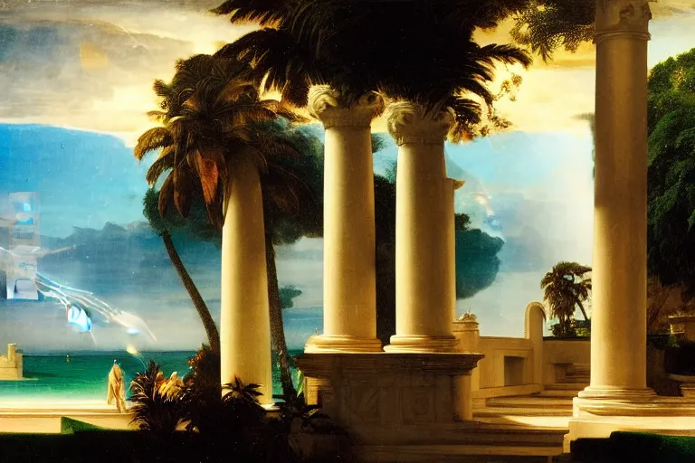 Prompt: mediterranean balustrade and palace columns, refracted lightnings on the ocean, thunderstorm, fountain, greek pool, beach and Tropical vegetation on the background major arcana sky and occult symbols, by paul delaroche, hyperrealistic 4k uhd, award-winning, very detailed paradise
