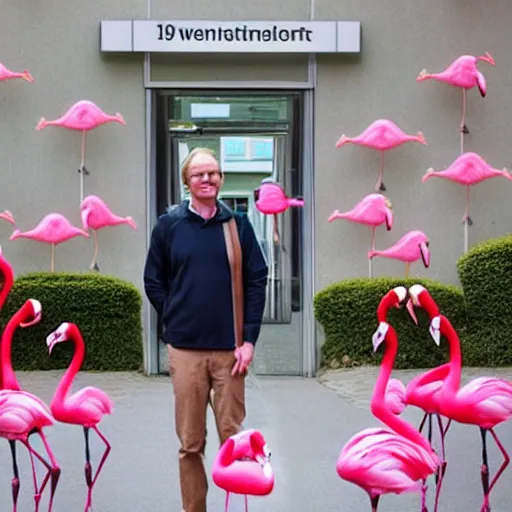 Image similar to swedish medical professor standing in front of hospital entrance with 10 pink flamingo walking by