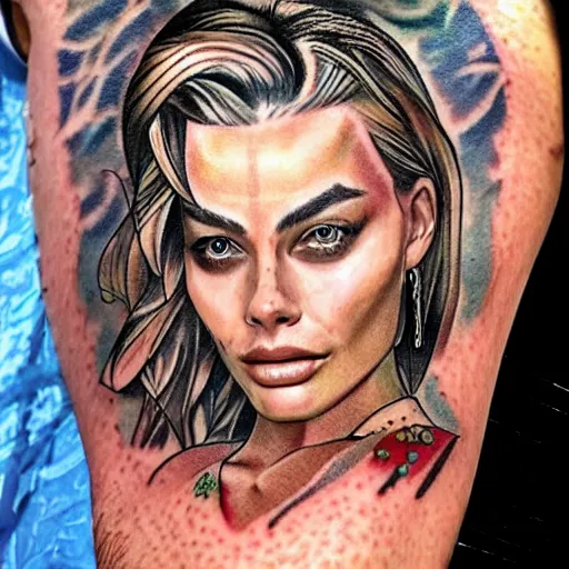 Prompt: face morph tattoo design sketch of margot robbie blended with beautiful mountain scenery, in the style of chris mataafa, amazing detail