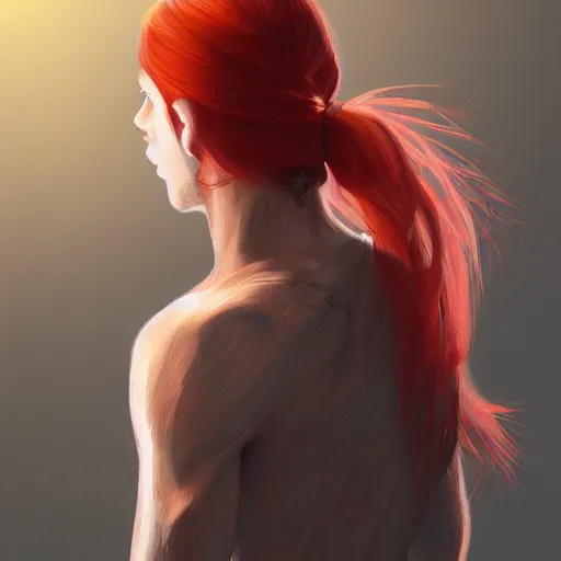 Image similar to portrait of a thin young man with long red hair, ponytail, a lot of freckles on his face, intricate, elegant, glowing lights, highly detailed, digital painting, artstation, concept art, smooth, sharp focus, illustration