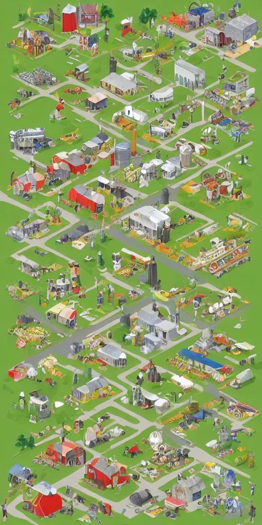 Image similar to Sketch Doodle diagram of different farms and building, industrial buildings, icons, people, tractors, animals, farm land, playful, settlers